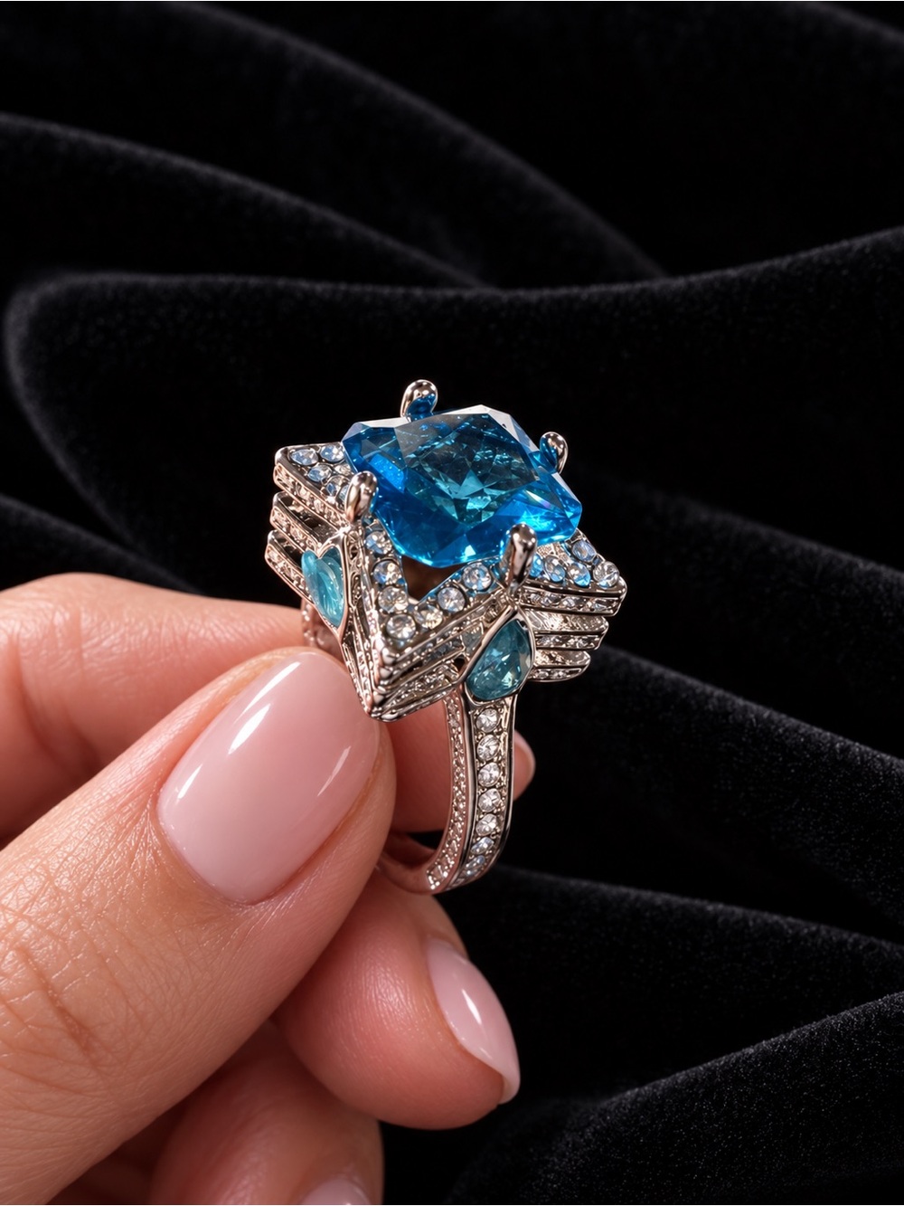 Silver and Ocean Blue Stacked Top Ring with Clear Stones Size 7 1/2